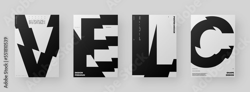 Abstract Poster Design Set. Vertical A4 format. Modernism brochure kit. Refraction and Distortion Glass Effect. Chopped, cut, glitch, broken letter composition.