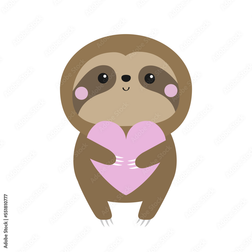 Obraz premium Sloth icon holding pink heart. Happy Valentines Day. Cute cartoon kawaii funny baby character. Pink cheek. Wild jungle animal collection. Tshirt, greeting card print. Flat design. White background.