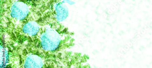 Christmas and New years eve Christmas Background. Beautiful Wide Angle Holiday Template, green balls on fir tree highlights.