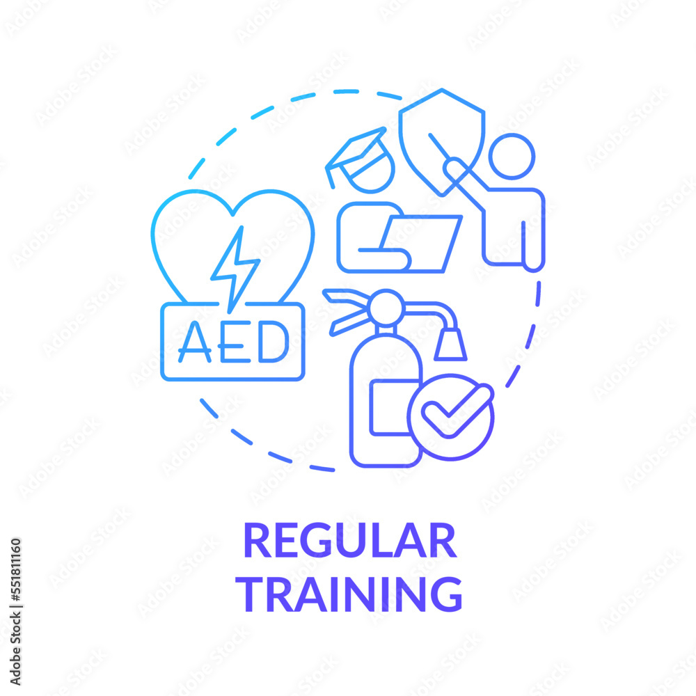 Regular training blue gradient concept icon. Employee education. Minimizing occupational injuries tip abstract idea thin line illustration. Isolated outline drawing. Myriad Pro-Bold font used Regular training blue gradient concept icon. Employee education. Minimizing occupational injuries tip abstract idea thin line illustration. Isolated outline drawing. Myriad Pro-Bold font used