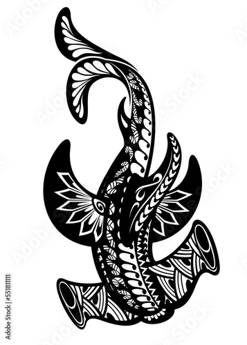 Decorative tribal hammerhead shark tattoo illustration,shark tattoo. Decoration for card design. Abstract sign for mug,t