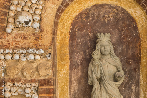 Altar made from human bones and skulls inside the Santa Maria church in Faro town, Portugal