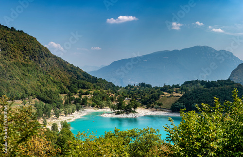 Lago di Tenno, turquoise lake in the mountains. Lake Tenno. Italy