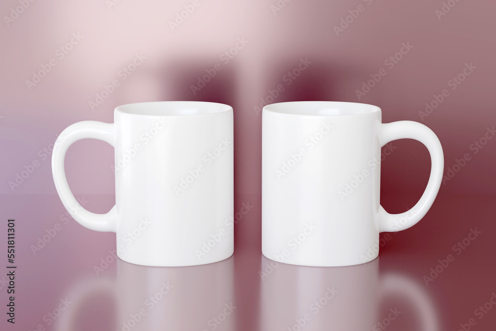 3d render scene with two white mugs with handle. 11 oz cup mockup template on pink background. Valentines or Mothers day branding presentation 3d render scene with two white mugs with handle. 11 oz cup mockup template on pink background. Valentines or Mothers day branding presentation