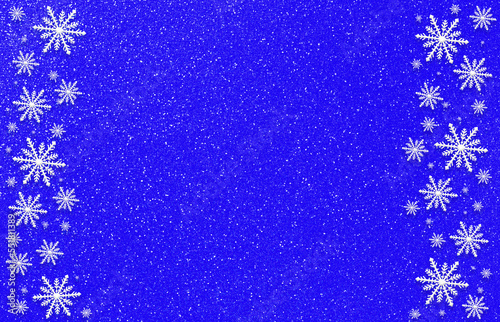 Winter blue aquamarine saturated bright background with random snowflakes two sideways. Christmas, New Year card with copy space.