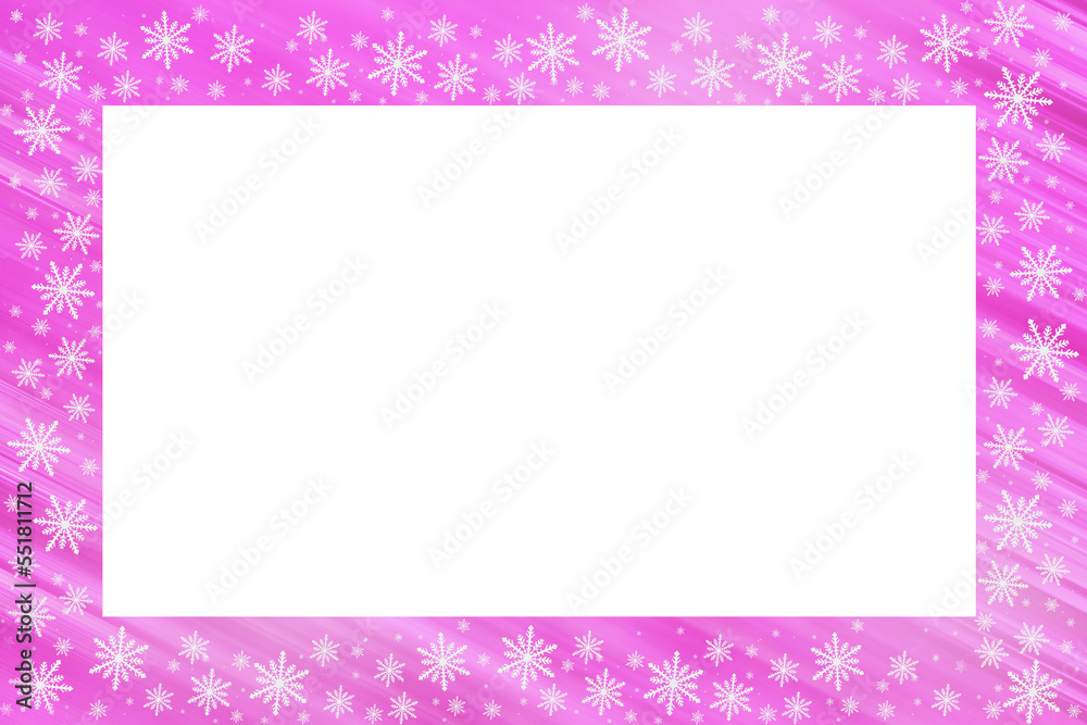 Magenta saturated pink purple bright gradient background with diagonal stripes, white snowflakes around. Christmas, New Year card with copy space.