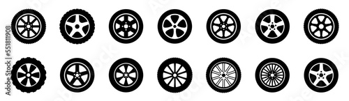 Black rubber wheel tire set. Wheel tires. Car tire tread tracks, motorcycle racing wheels and dirty tires track. Tyres road maintenance vector automobile. Auto wheel tyre. Vector illustration photo