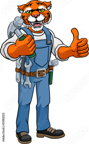 Fototapeta Naklejka Na Ścianę i Meble -  Tiger Mascot Carpenter Handyman Holding Hammer