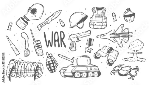 Doodle Military and War set. Sketch illustrations of War concept. Lineart isolated on white