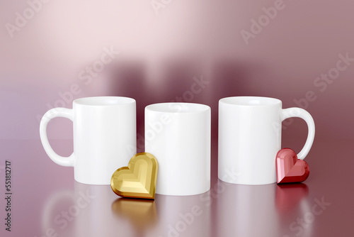 Three mug mockup template on pink glossy background with hearts. Cup reflection on product stage. 3d render scene for logo or sublimation wrap presentation
