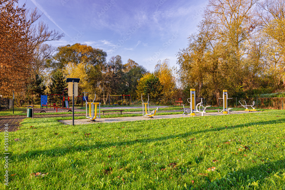 Obraz premium siłownia na świeżym powietrzu na wsi jesienią o poranku, Śląsk w Polsce gmina Gorzyce