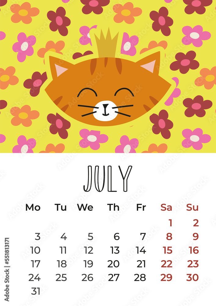 Fototapeta premium Calendar 2023, Symbol of 2023, Cat illustration for calendar, Wall calendar design 2023 year, Cute cats on background, Vertical layout, Week starts from Monday, Cat and pattern calendar design.