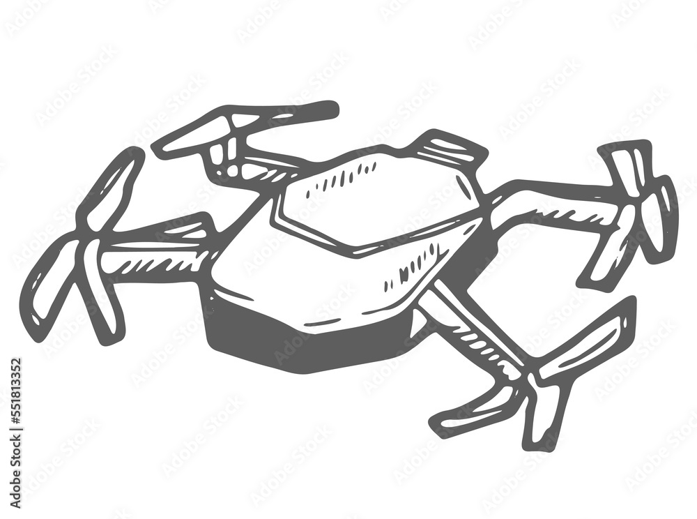 Modern air drone, remote control drone with camera isolated. Flat cartoon vector illustration. Hand drawn doodle. Outline Modern air drone, remote control drone with camera isolated. Flat cartoon vector illustration. Hand drawn doodle. Outline