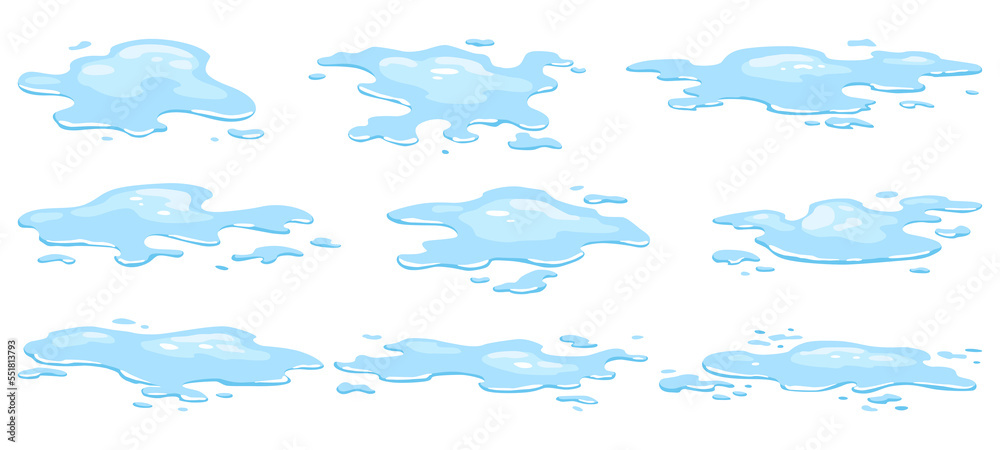 Water spill puddles set. Blue liquid various shape in flat cartoon style.  fluid design element isolted on white background