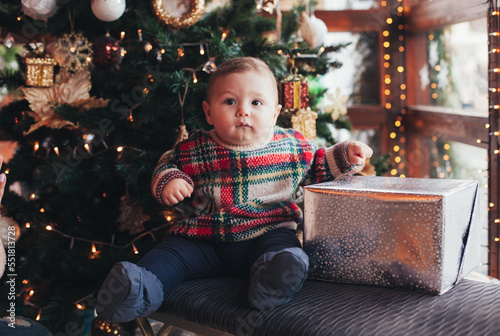 little baby and christmas present