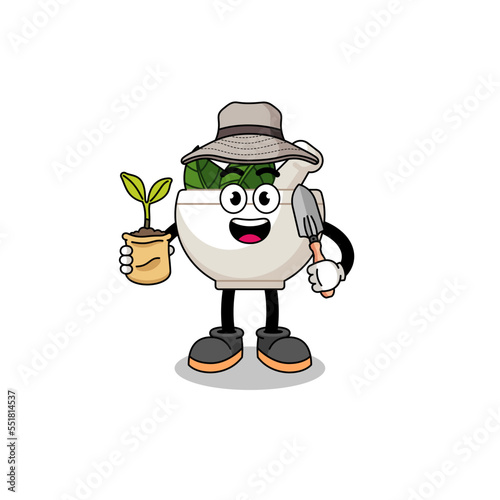 Illustration of herbal bowl cartoon holding a plant seed