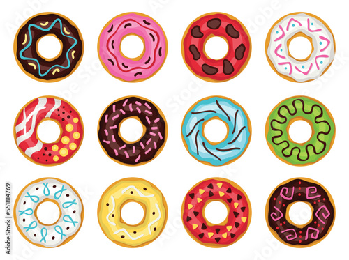 Donuts. Top view sweets desserts collection into glaze for menu design, cafe decoration, delivery box. Candy food with different sprinkles. Traditional breakfast