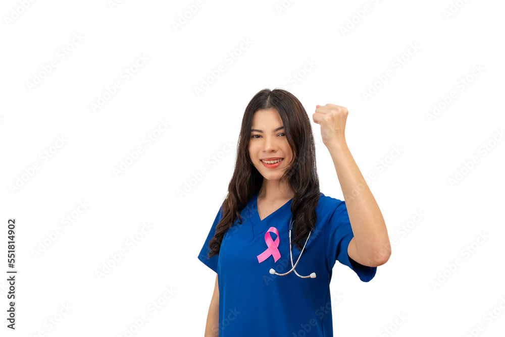 Doctor nurse woman in blue uniform stuck pink ribbon symbolizing World Cancer Day on the chest, raise her hands to fight Breast Cancer. Isolated white background. Doctor nurse woman in blue uniform stuck pink ribbon symbolizing World Cancer Day on the chest, raise her hands to fight Breast Cancer. Isolated white background.