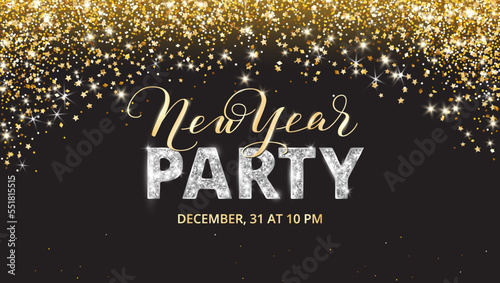New year party banner. Sparkling silver glitter Party word. New year gold calligraphy. Falling gold glitter on black background