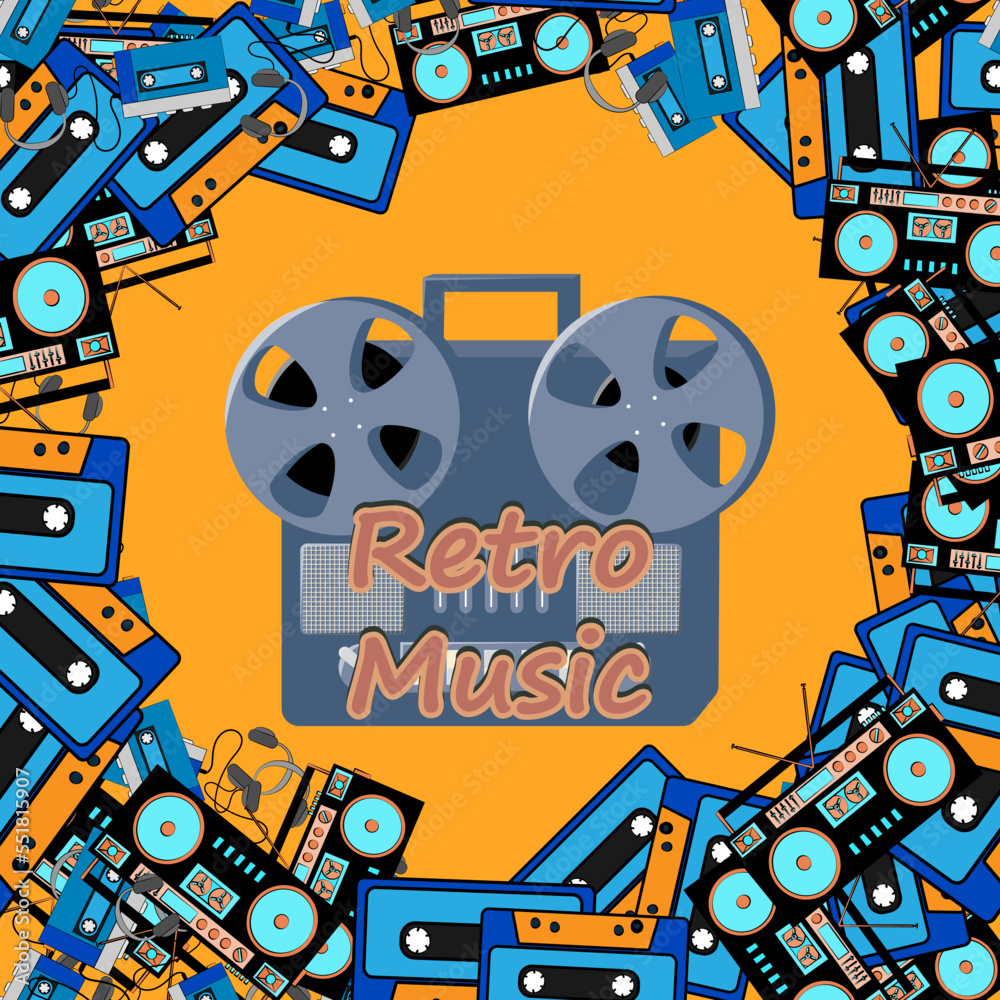 Old retro vintage square poster with music cassette tape recorder with magnetic tape babbin on reels and speakers from the 70s, 80s, 90s the background. Vector illustration
