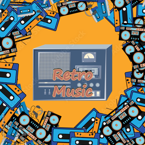 Old retro vintage square poster with music cassette tape recorder with magnetic tape babbin on reels and speakers from the 70s  80s  90s the background. Vector illustration