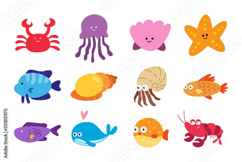 Set of ocean fish in fun and cute character design. Animal illustration for kids