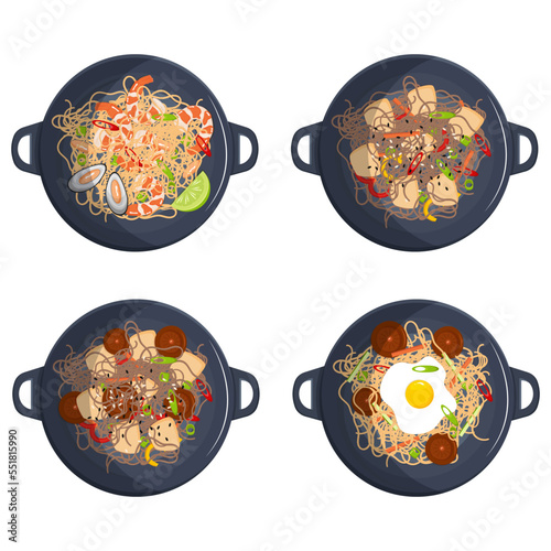 Chinese noodles with different fillings in wok pan.