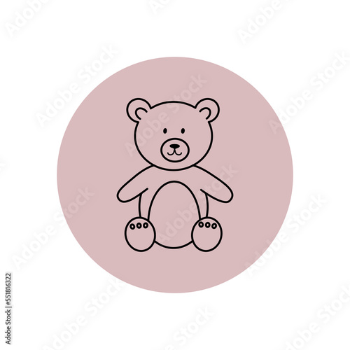 Cute teddy bear toy pink sticker. Simple vector illustration in style outline on a pink background.