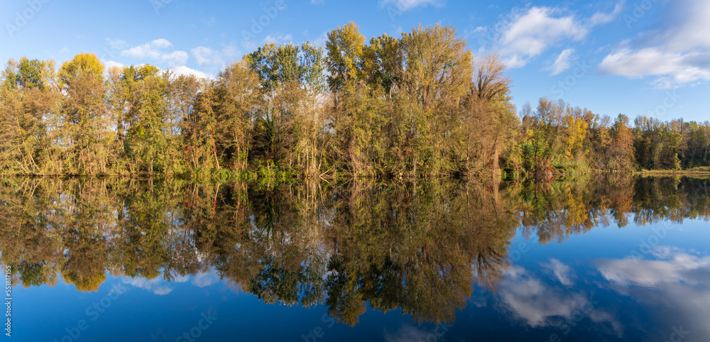 Scenic autumn landscape panorama of trees with colorful fall foliage reflection in Gardon river, Cardet, Gard, France	
