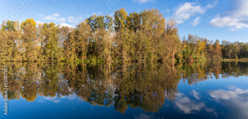 Scenic autumn landscape panorama of trees with colorful fall foliage reflection in Gardon river, Cardet, Gard, France	
 photo