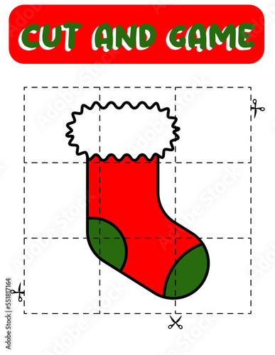 Cut and game christmas sock. Educational children game, printable worksheet.Puzzles with sock.