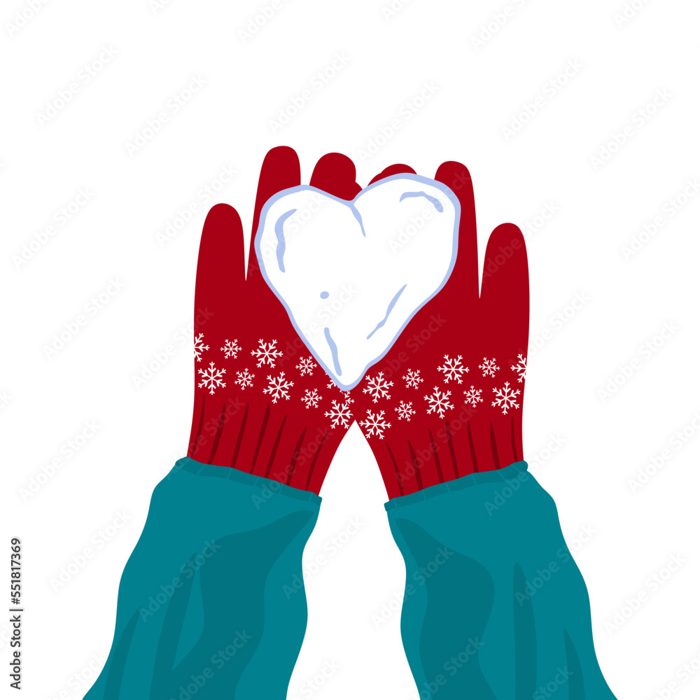 Hands holding a snowball in the shape of a heart. Winter concept with snowball in hands isolated. Hands holding snowball. vector illustration eps10