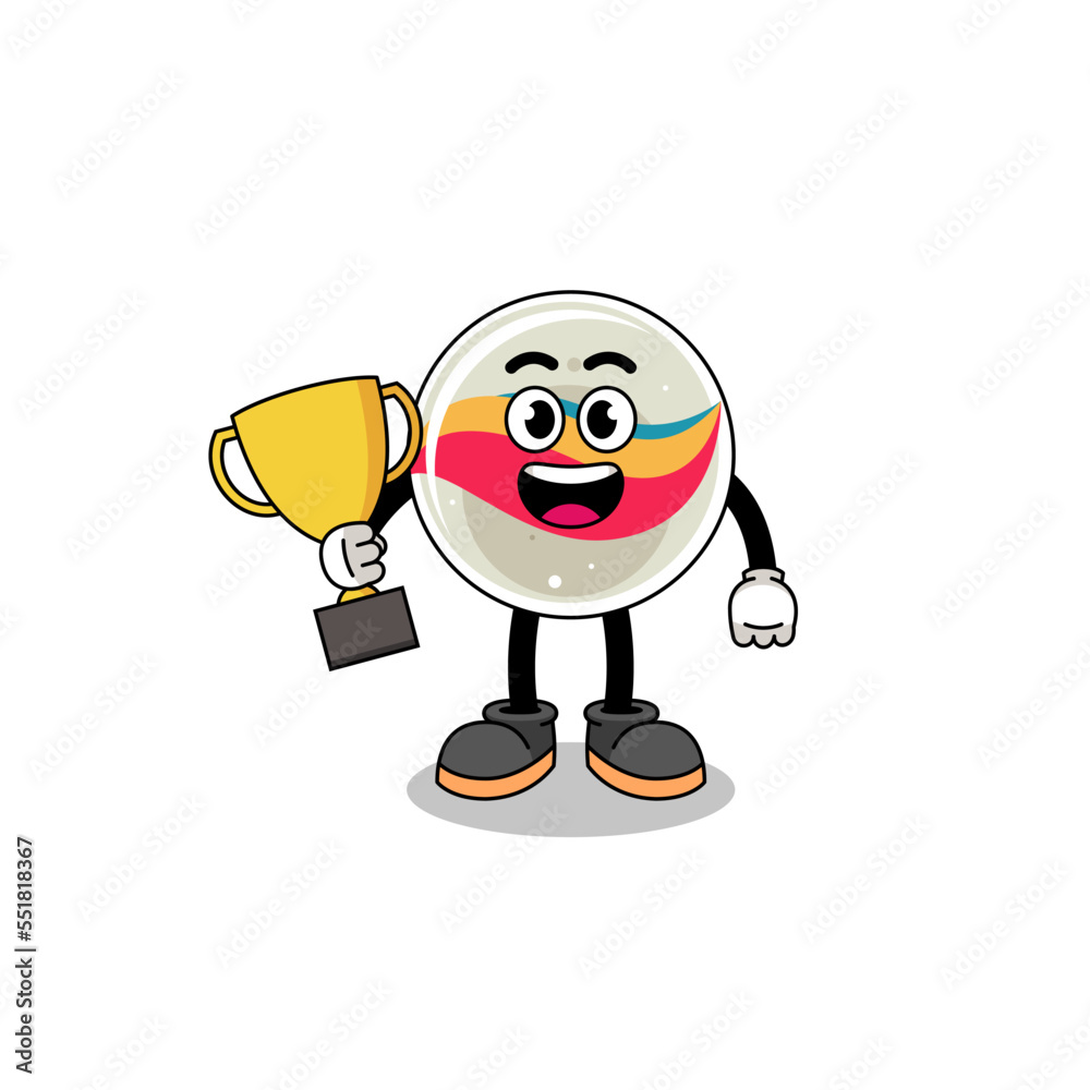 Cartoon mascot of marble toy holding a trophy Cartoon mascot of marble toy holding a trophy