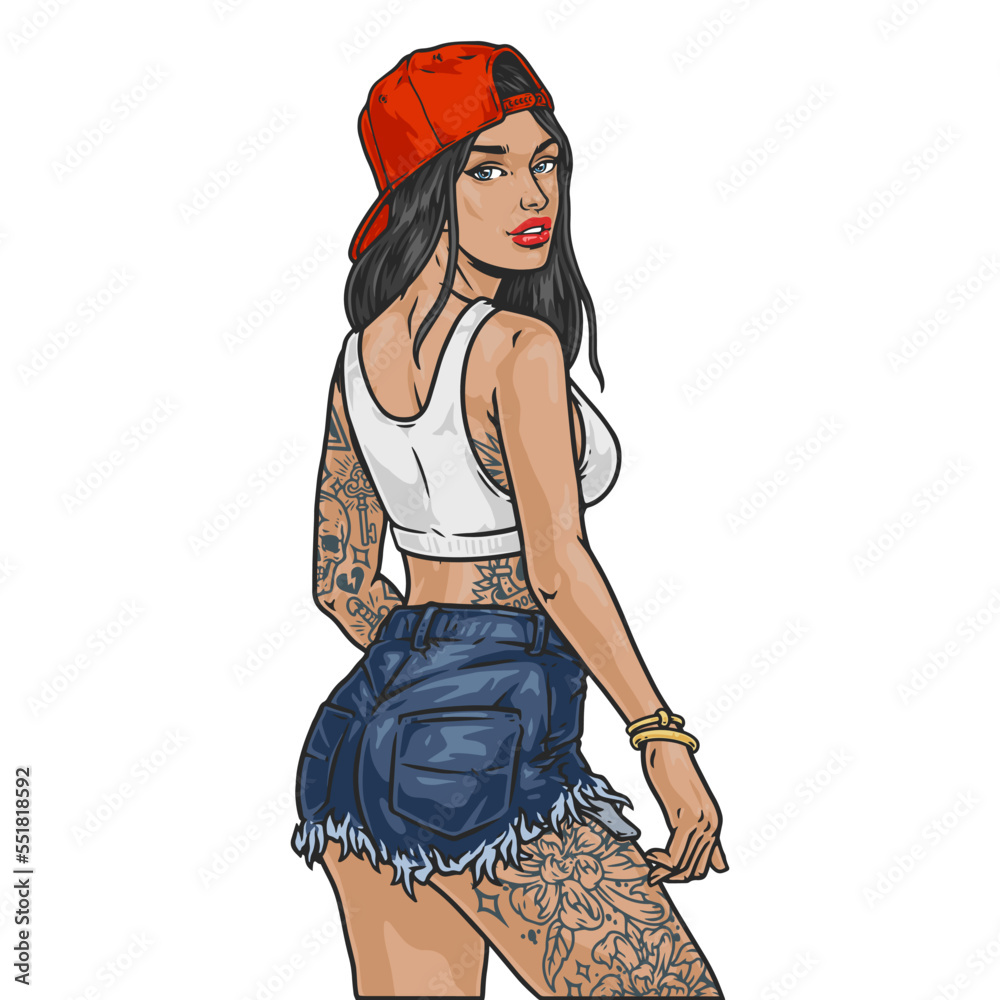 Tattoo girl hipster sketch colorful Stock Vector | Adobe Stock