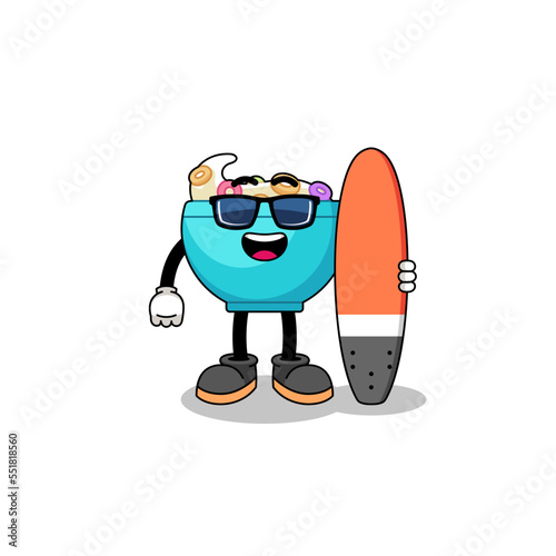 Mascot cartoon of cereal bowl as a surfer