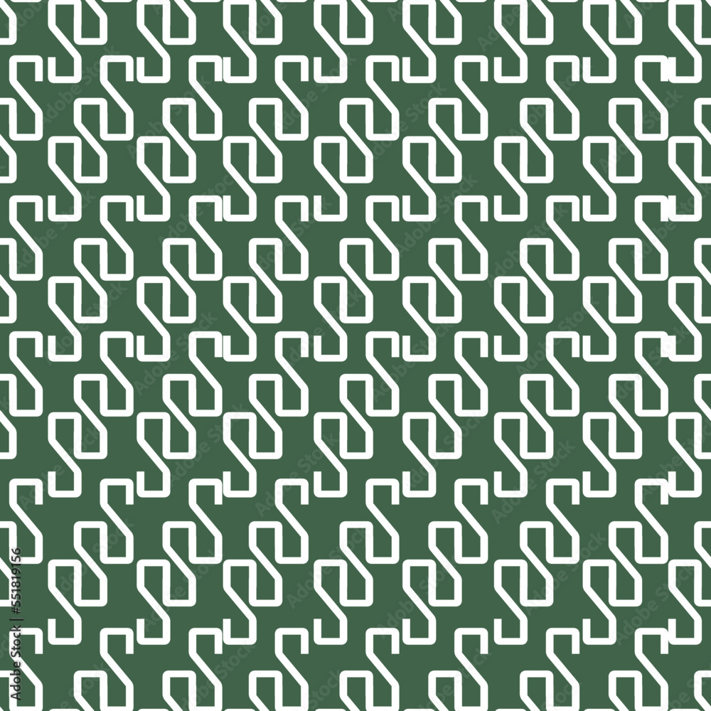 Vector seamless texture with white geometric ornament of letters on a green isolated background. Vector texture with white lettering ornament. White letters, v,p,r,n,t,l,d, on a green isolated backgro