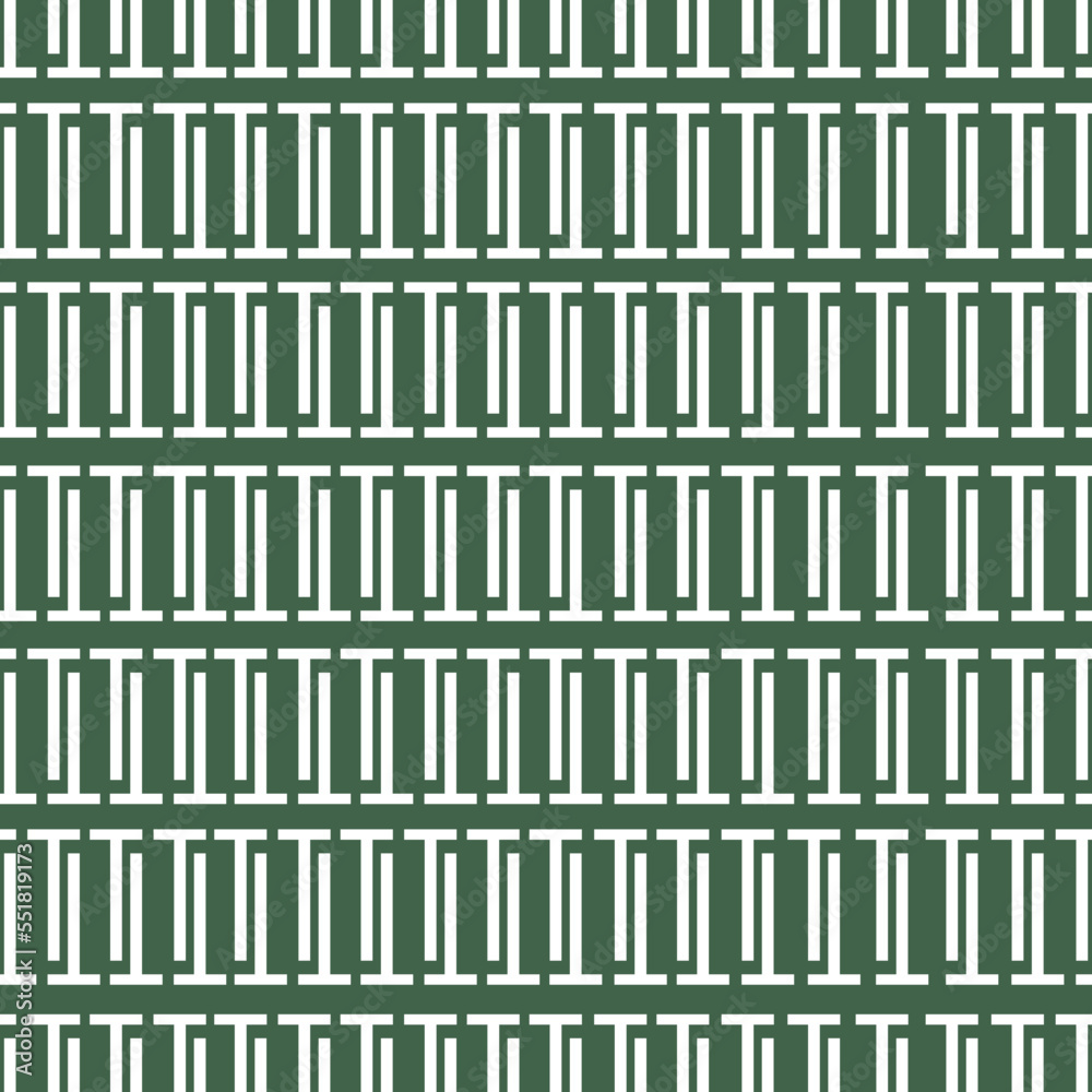 Vector seamless texture with white geometric ornament of letters on a green isolated background. Vector texture with white lettering ornament. White letters, v,p,r,n,t,l,d, on a green isolated backgro