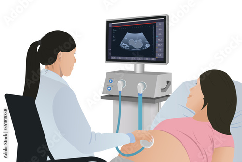 Pregnant woman on ultrasound. Examining a doctor and monitoring the health of a patient using an ultrasound imaging device. Pregnancy care