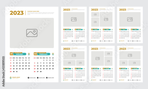 2023 Wall calendar design template. Editable page template with A4  set of 12 months with covers Pro Vector. 2023 calendar in minimal business style for.