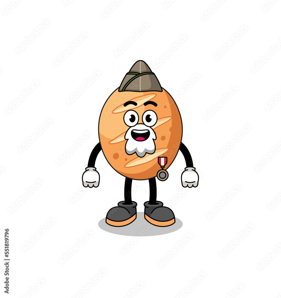 Character cartoon of french bread as a veteran Character cartoon of french bread as a veteran