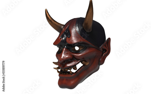 Fototapete japanese red demon mask with golden horns on white background
