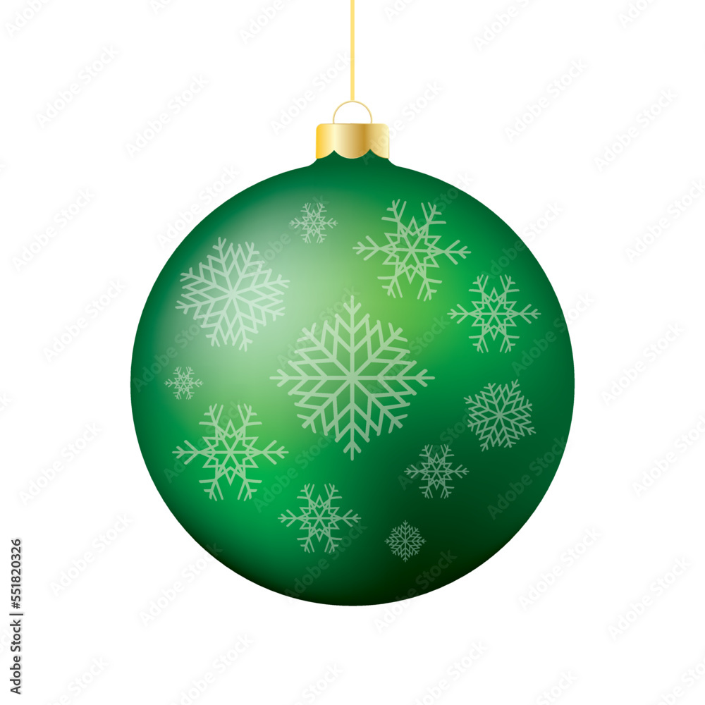 Green shiny Christmas ball with snowflakes icon vector. Beautiful traditional green christmas bauble vector isolated on a white background. Hanging bright christmas ball graphic design element