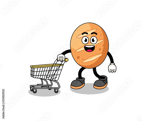 Cartoon of french bread holding a shopping trolley