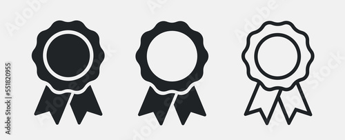 Badge with ribbons icons. Set of three medals icon. Winning award, prize, medal or badge. Vector illustration isolated on white background. photo