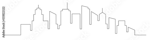 Continuous line city building. One single outline cityscape continuous construction. Editable stroke building background. Vector illustration.