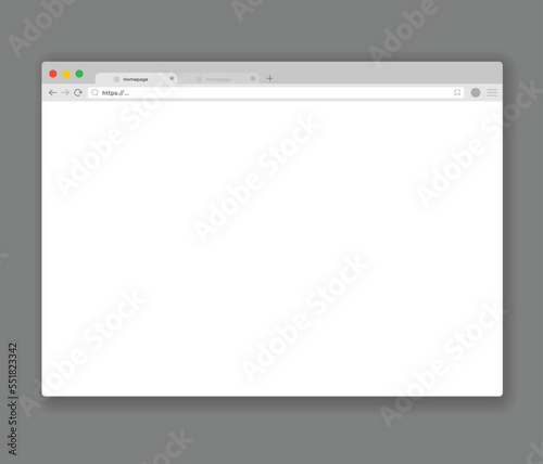 Browser mockup. Web window screen. Internet empty page concept with shadow. Modern window design isolated on gray background