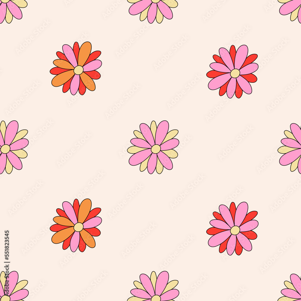 Groovy seamless pattern of daisy flower. Hippie retro background. 70s style wallpaper with flowers