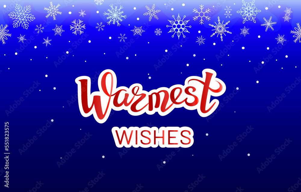 Warmest Wishes. Lettering on blue snowflake background