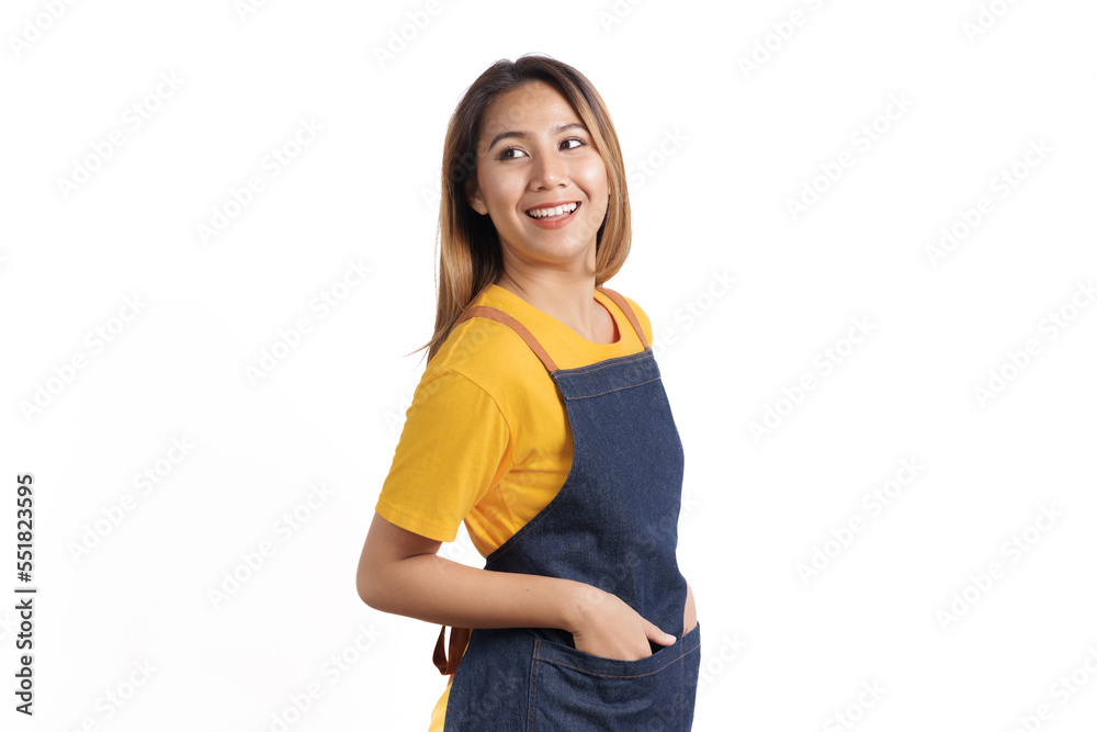 Smiling female asian people wearing apron working in a bakery coffee shop owner isolated on white background.