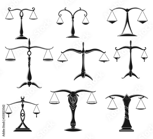 Justice scales silhouette collection. Mechanical balancing scales, symbol of law and judgment, punishment and truth, measuring device. Vector monochrome icons
